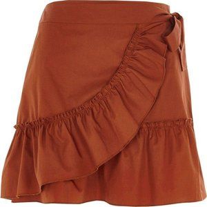(NWT) River Island - rust cotton poplin wrap ruffle/flounce hem mini skirt